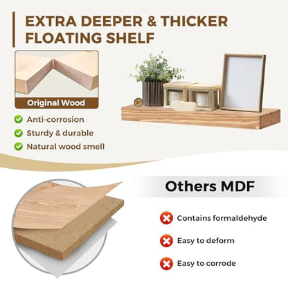 Solid Wood Floating Shelves, 17 Inch Wall Shelves, Set of 2, Oak | 8 Inch Deep, 1.6 Inch Thick, Extra-Wide Display Space, Mounting Hardware Included, For Kitchen, Bathroom and Living Room - color: Oak, size: 17x8x1.6