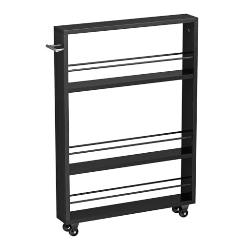 KLM Rolling Storage Cart 4-Tier Black Kitchen Cart with Wheels, Slim Storage Cart with Handle Slide Out Utility Cart Shelving Unit Organizer Trolley for Laundry Narrow Places Bathroom Small Corner