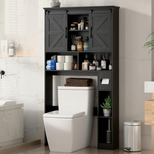 Halitaa Toilet Rack with 2 Sliding Barn Doors, Black | Farmhouse Over The Toilet Storage Cabinet with Toilet Paper Holder Stand & Storage Shelves,for Laundry, Restroom, Bathroom - color: Black, style: Sliding Barn Doors
