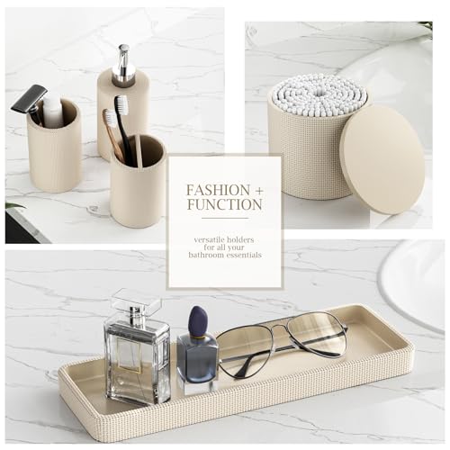 6-Piece Beige Bathroom Set - Mesh Textured Resin Bathroom Accessories Set with Soap Dispenser, Toothbrush Holder, Cup, Vanity Tray & Apothecary Jars for Small Spaces - color: Beige - Mesh Textured