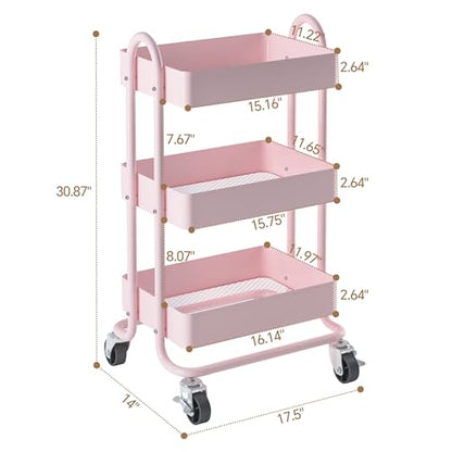 MIOCASA 3-Tier Metal Utility Rolling Cart, Heavy Duty Multifunction Cart with Lockable Casters, Easy to Assemble, Suitable for Office, Bathroom, Kitchen, Garden - style: Pink