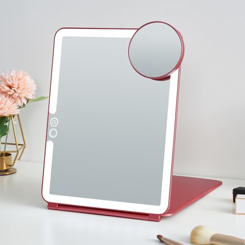 Mocado LED Travel Makeup Mirror, Rechargeable Vanity Mirror with Lights, Portable Mirror with Lights - 7x9 inches, 3 Colors Light, Foldable, Dimmable Touch Screen, Travel Essential (Wine Red) - color: B-wine Red