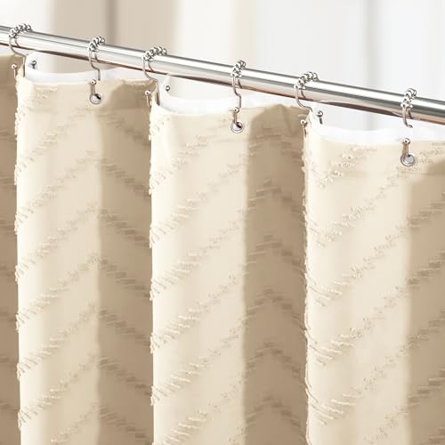 Boho Shower Curtain and Liner Set, Tufted Chevron Textured Tassel Shower Curtains for Bathroom and Waterproof Liner with Hook, 72" W x 84" L (Pack of 1), Beige 1 - color: Beige, size: 72"W x 84"L (Pack of 1)