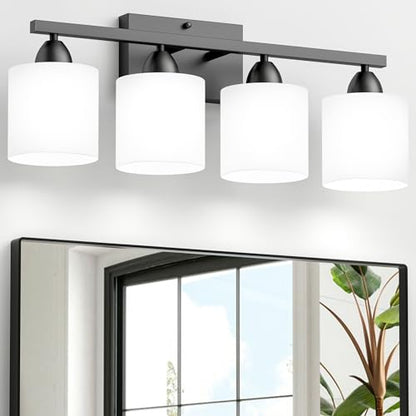 Black Bathroom Lighting Fixtures Over Mirror, 4-Light Anti-Rust Vanity Light for Bathroom, 24Inches Modern Wall Sconce, Standard E26 Base, Milky White Glass Shades, Bulbs Not Included - color: Black-4Light