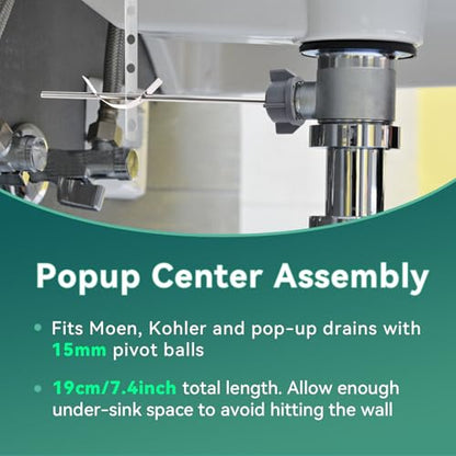 Sink Pivot Rod Replacement, 15MM Ball, Long Rod, Pop-Up Drain Repair Kit | Bathroom Sink Drain Stopper Kit, Compatible with Moen, Kohler, Lavatory Pop Up Center Piece Assembly - size: 15mm ball+ long rod