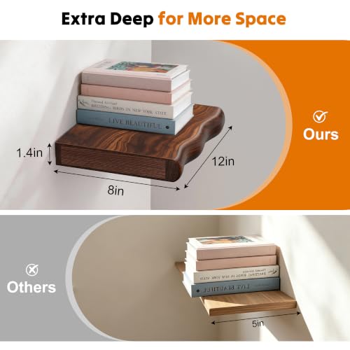 Solid Wood Live Edge Floating Shelves Set of 2 – 12" Rustic Wall Shelf with Hidden Bracket System, Wall Mounted Shelves for Bathroom, Kitchen, Living Room, Bedroom (Walnut) - color: Walnut, size: 12inch