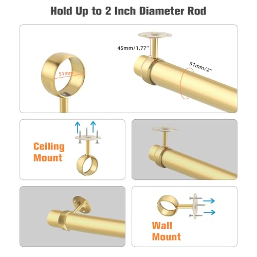 Alise Curtain Rod Holders Bracket 2''Dia,Closet Rod Holders Wall Mount | Ceiling Mounted Curtain Rod Flange Brackets,Ceiling Curtain Rods Brackets for Bathroom,Stainless Steel,Gold Finish,4 Pcs - color: Golden Finish, size: 51mm/2-Inch Dia.