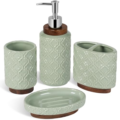 RQYIXI Ceramic 4-Piece Bathroom Accessories Set,Sage Green | Countertop Essentials Embossed Textured Design Solid Wood Non-Slip Detail Sage Green Finish - color: Green, size: Embossed Textured-4-Piece