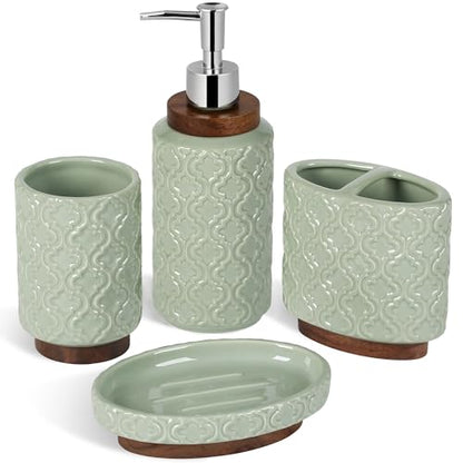 RQYIXI Ceramic 4-Piece Bathroom Accessories Set,Sage Green | Countertop Essentials Embossed Textured Design Solid Wood Non-Slip Detail Sage Green Finish - color: Green, size: Embossed Textured-4-Piece
