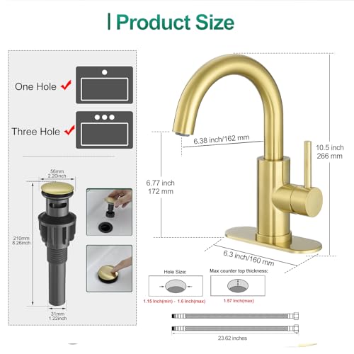 VOTON Bar Sink Faucet, Bathroom Kitchen 360° Rotatable Faucet, Brushed Gold Single Hole Bathroom Faucets Modern Small Mini Kitchen Bath Utility Vanity Outdoor Lavatory Faucets - color: Brushed Gold