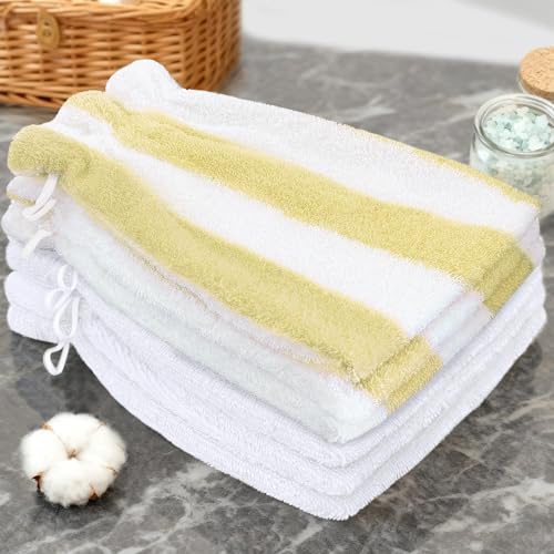 VOOVA & MOVAS Bath Gloves,Yellow 6.3x8.3 in,European Style with Loop | 100% Cotton, 6 Pack, Yellow & White Stripe, Soft & Absorbent, No Fade, Ice Pack Pocket, Quick Dry, for Shower & Travel - color: Yellow Stripe&white, size: 6PC Bath Mitts