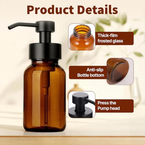 400ml 13.5oz Amber Glass Foam Soap Dispenser Refillable Foaming Hand Soap Pump Bottle Modern Empty Foam Bottle for Bathroom Kitchen Countertop Home Decor