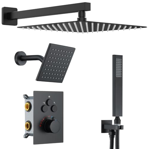 Thermostatic Dual Shower System, Rain Shower Faucet(Matte Black) | 12 Inch Rianfall Shower Head, 6 Inch Wall Mount Head, High Pressure Handheld Sprayer, Push Button Valve - color: Matte Black