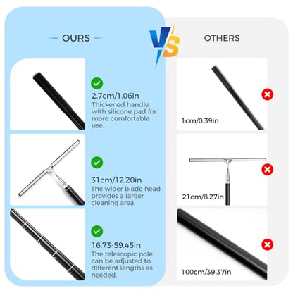 17“- 60" Extendable Long Handle 2-in-1 Window Squeegee Silver | 12.4" Wide Metal Shower Squeegee for Glass Doors, 2-in-1 Squeegee for Home Window Cleaning, Tile Wall, Car - color: Black/Silver