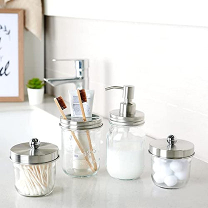 Amolliar Mason Jar Bathroom Accessories Set(4 Pack) - Lotion Soap Dispenser&Qtip Holder Set&Toothbrush Holder-Rustic Farmhouse Decor Apothecary Jar Bathroom Countertop,Vanity Organize (Brushed Nickel) | Brushed Nickel, Lotion Soap Dispenser, Qtip Holder,