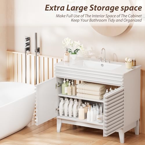 APRILSOUL 36" Bathroom Vanity with Ceramic Sink, Mid-Century Bathroom Vanity Cabinet with 2 Soft Closing Doors, Freestanding Bathroom Cabinet, Particleboard Frame with Wood Grain Laminate, White - color: White/ White Sink, size: 36 Inch