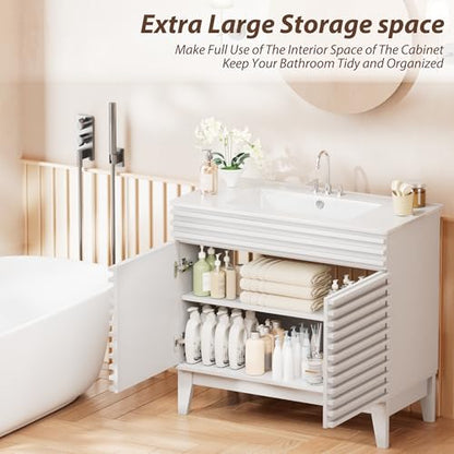 APRILSOUL 36" Bathroom Vanity with Ceramic Sink, Mid-Century Bathroom Vanity Cabinet with 2 Soft Closing Doors, Freestanding Bathroom Cabinet, Particleboard Frame with Wood Grain Laminate, White - color: White/ White Sink, size: 36 Inch