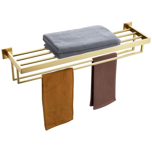 KOKOSIRI 32'' Towel Shelf Holder Bathroom Towel Rack with Two Bath Towel Bars Rails SUS304 Stainless Steel Wall Mount, Brushed Gold B6003BG-L32 - color: Brushed Gold, size: 32-Inch