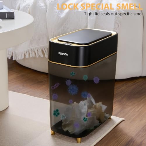 Pukomc Motion Sensor Wastebasket,2.3 Gallon Bathroom Trash can with lid | Touchless Smart Plastic Slim Wastebasket,Quiet Close Waste Bin for Bathroom,Office,RV,Bedroom,Living Room - color: Black