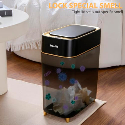 Pukomc Motion Sensor Wastebasket,2.3 Gallon Bathroom Trash can with lid | Touchless Smart Plastic Slim Wastebasket,Quiet Close Waste Bin for Bathroom,Office,RV,Bedroom,Living Room - color: Black