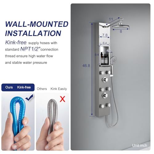 ROVATE Shower Panel Tower System with Shelf & 6 Body Jets, Brushed Finish | Stainless Steel Shower Column with Height Adjustable Shower Arm, Self-Cleaning Rainfall Showerhead & Handheld - color: Brushed Finish