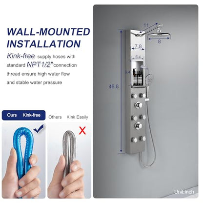 ROVATE Shower Panel Tower System with Shelf & 6 Body Jets, Brushed Finish | Stainless Steel Shower Column with Height Adjustable Shower Arm, Self-Cleaning Rainfall Showerhead & Handheld - color: Brushed Finish