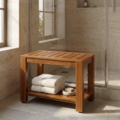 Teak Shower Bench with Shelf, 24” Wide, Shower Stool, Fully Assembled Bathroom Shower Seat, Water-Resistant Spa Bath Bench for Shower, Bathroom & Entryway, The Tara
