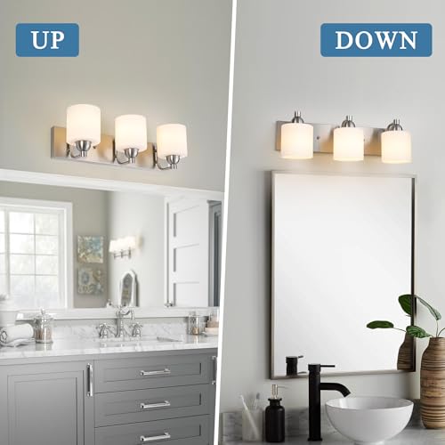 Mecgirn Stainless Steel Milk Glass Bathroom Vanity Light Over Mirror, 3 Light Brushed Nickel Bathroom Light Fixtures with Frosted Glass, Modern Vanity Lighting Wall Mount - color: Brushed Nickel, size: 3 Light