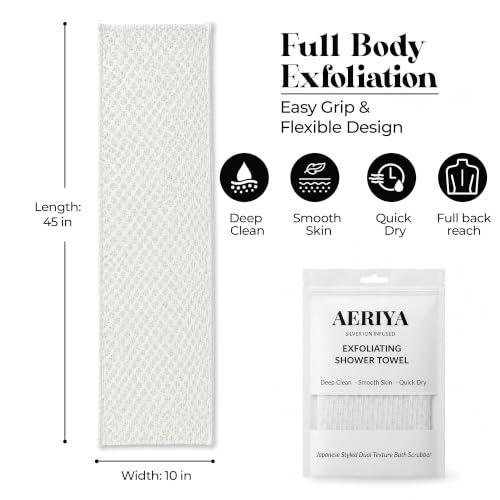 Exfoliating Washcloth – Long Japanese-Style Back Scrubber for Shower, 2-Sided Body Scrub Exfoliating Towel, Quick Dry Bath Cloth for Men & Women, White - color: White
