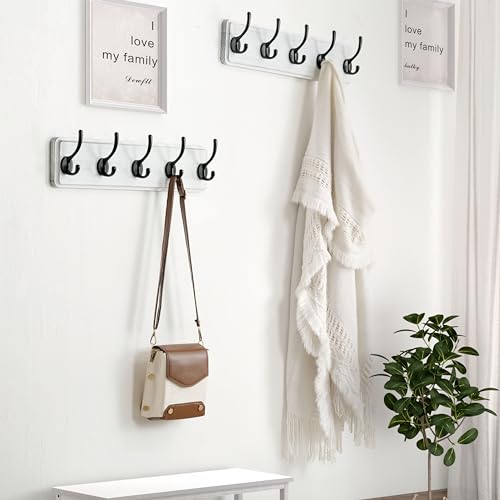 Coat Rack Wall: Patented, Heavy-Duty, 5-Double-Hooks Wooden Wall Mounted Coat Rack Coat Hanger Hook Rail for Winter Coats Hat Jacket Clothing, White & Black, Pack of 2 - color: White & Black, size: L=17.4" (2pcs)