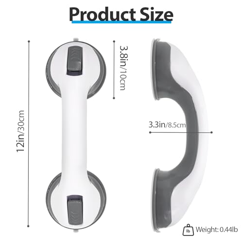 12" Grab Bars for Shower & Bathtub, 2-Pack Strong Suction Removable Shower Handles for Elderly Seniors Handicap – No Drilling Safety Grab Bar Replacement for Bathroom Wall, Grey
