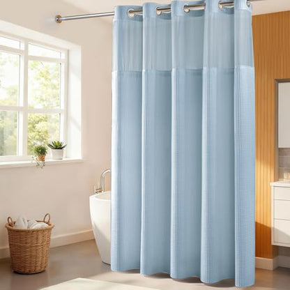 River Dream Cotton Blend Shower Curtain Set with Liner, Misty Blue, 71x74 | Waffle Weave, No Hook Needed, with Snap in Replacement Liner, Top Sheer Window, Hotel Quality Fabric for Bathroom - color: Misty Blue, size: 71"W x 74"L (Pack of 1)