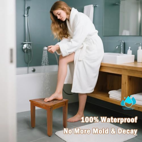 Teak Shower Bench for Shaving Legs & Washing Feet, 12" Shower Foot Rest, Solid Teak Corner Shower Stool Waterproof for Inside Shower, Seat for Bathroom Use