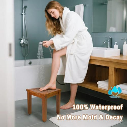 Teak Shower Bench for Shaving Legs & Washing Feet, 12" Shower Foot Rest, Solid Teak Corner Shower Stool Waterproof for Inside Shower, Seat for Bathroom Use