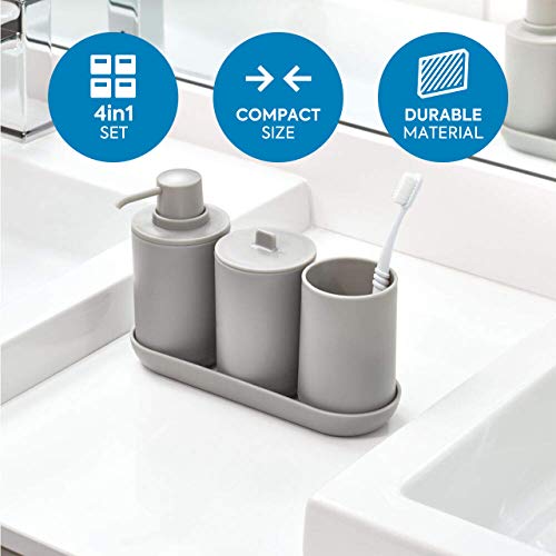 iDesign Bathroom Accessories Set, 4-Piece Sink Tidy with Soap, Toothbrush Holder, Cotton Pad Dispenser and Tray, Made of Plastic, Grey, 24.5 cm x 8.9 cm x 16.2 cm - color: Matte Gray, size: 24.5 cm x 8.9 cm x 16.2 cm