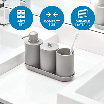 iDesign Bathroom Accessories Set, 4-Piece Sink Tidy with Soap, Toothbrush Holder, Cotton Pad Dispenser and Tray, Made of Plastic, Grey, 24.5 cm x 8.9 cm x 16.2 cm - color: Matte Gray, size: 24.5 cm x 8.9 cm x 16.2 cm