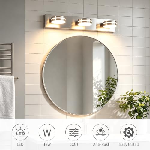 3-Light Bathroom Vanity Light 23.62in Brushed Nickel Vanity Light | 5CCT 18W LED Bathroom Light Fixtures Over Mirror,Dimmable 360°Rotate for Makeup Vanity Table Bathroom Mirror Bedroom - color: Nickel-5CCT-Dimmable
