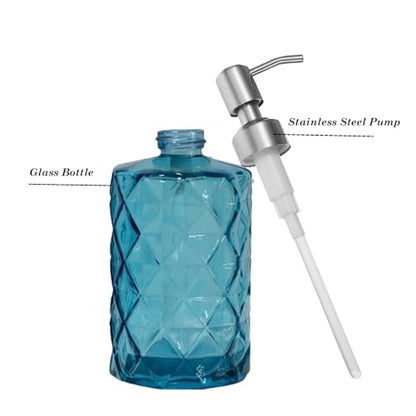 12Oz Blue Glass Soap Dispenser, Liquid Hand Bottle, Stainless Steel Pump | Refillable Clear Kitchen Soap Dispenser with Diamond Design, for Hand soap, Dish Soap, Lotion, Bathroom, Countertop, Hotel - color: Diamond Blue