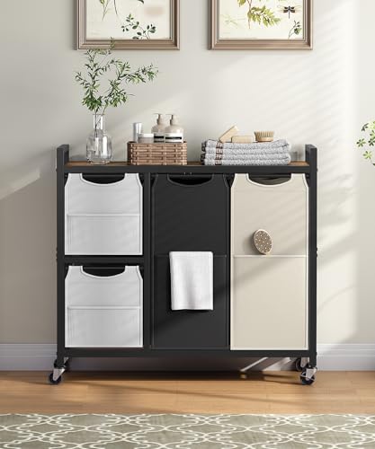 HOOBRO Laundry Sorter with 4 Section, 39 Gal. (147 L) Laundry Hamper with Wheels, Rolling Laundry Basket with Shelf, Pull-Out Detachable Bags, Side Pockets, Rustic Brown, Black and Beige BFE14XY01N1 - color: Rustic Brown + Black + Beige + Gray