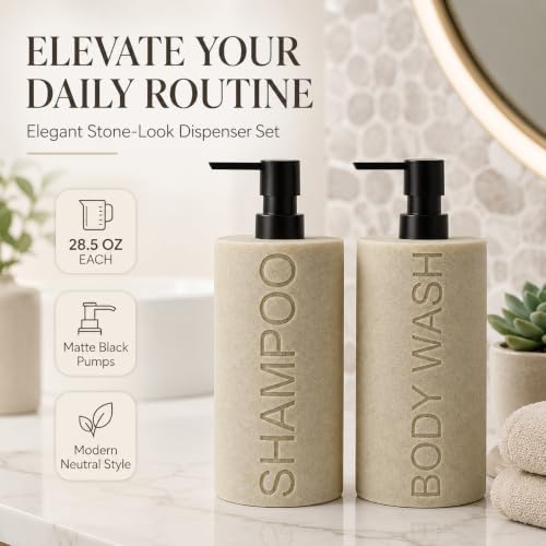 Resin 2 Pack Shampoo, Conditioner or Body Wash Dispenser Set, Luxurious Refillable Pump Bottles with Matte Pump Top and Embossed Text, Durable Design for Bathroom and Shower - color: Tan Shampoo & Body Wash