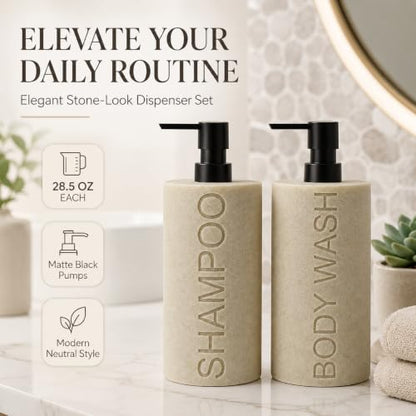 Resin 2 Pack Shampoo, Conditioner or Body Wash Dispenser Set, Luxurious Refillable Pump Bottles with Matte Pump Top and Embossed Text, Durable Design for Bathroom and Shower - color: Tan Shampoo & Body Wash