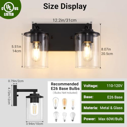 2-Light Black Bathroom Vanity Light, Modern Bathroom Lighting Fixtures with Clear Glass Shade, Bathroom Wall Mounted Lamps for Mirror, Living Room, Bedroom, E26 Socket - size: 2-Light