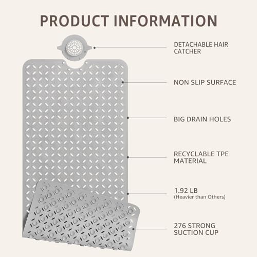 OTHWAY Bath Mat for Tub Non Slip: 39" X 17" Long Bathtub Mat with Hair Catcher│Big Drain Holes Shower Mats for Inside Shower│Machine Washable (Grey) - color: A Gray