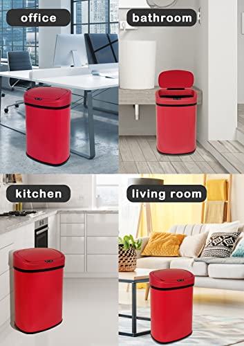 13 Gallon/50 L Kitchen Trash Can with Lid, Stainless Steel Garbage Can with Touch-Free Lid, Cute Trash Can Automatic Trash Can Bathroom Trash Can with Lid, Motion Sensor Trash Can Brushed Finish - color: Red