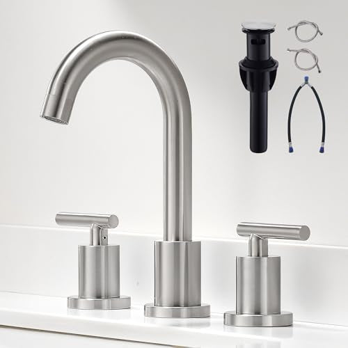 Waterfall Bathroom Faucets for Sink 3 Hole | Brushed Nickel Bathroom Faucet with Pop-up Drain, 8 Inch Widespread Bathroom Sink Faucet 2-Handles Vanity Faucet with Supply Lines - color: Brushed Nickel