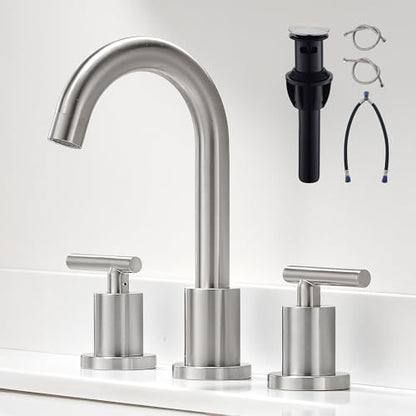 Waterfall Bathroom Faucets for Sink 3 Hole | Brushed Nickel Bathroom Faucet with Pop-up Drain, 8 Inch Widespread Bathroom Sink Faucet 2-Handles Vanity Faucet with Supply Lines - color: Brushed Nickel