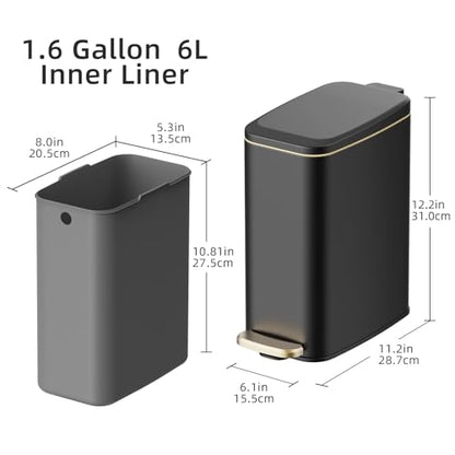 KUK Slim Bathroom Trash Can with Lid, 1.6 Gal / 6L Stainless Steel Small Garbage Bin with Detachable Inner Bucket, Step Pedal, Silent Close, Wastebasket for Toilet, Bedroom, Home, Office (Black) - color: Matt Black