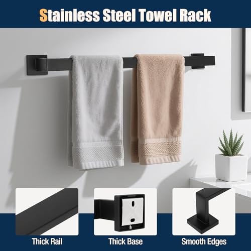 10 Pcs Matte Black Bathroom Hardware Accessories Set 23.6 Inch Wall Mounted | Bath Towel Bar Kit with Square Towel Racks Ring and Towel Hooks, Paper Holder, 304 Stainless Steel - color: Black