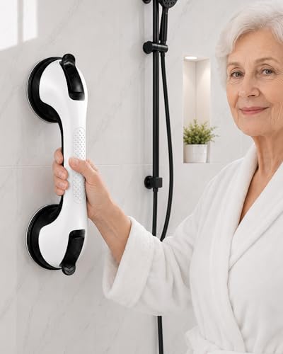 Gel-Enhanced Shower Grab Bar for Seniors and Elderly, Heavy Duty Suction Cup Shower Handle for Bathtubs and Showers, No Drilling Removable Bathroom Safety Bar for Tub and Shower Support - color: Black/White