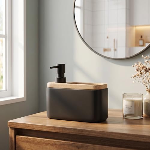 RQYIXI 2-in-1 Ceramic Soap Dispenser with Sponge Holder, Black, 17 Oz | natural acacia wood accent rectangular modern kitchen sink organizer caddy pump countertop farmhouse - color: White Wax Wood Square